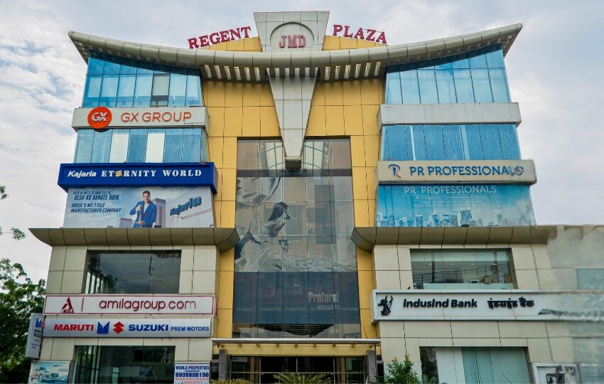 The multi-story architectural exterior of JMD Regent Plaza, providing versatile, accessible commercial space for lease for businesses and professional firms.