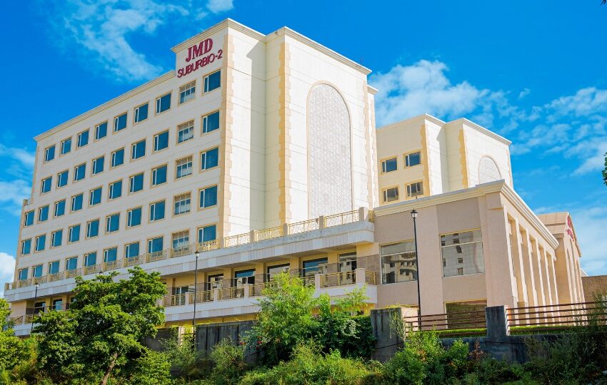 Exterior view of the JMD Suburbio 2 building in Sector 67, Gurugram, featuring modern architectural design and prime commercial space for lease.